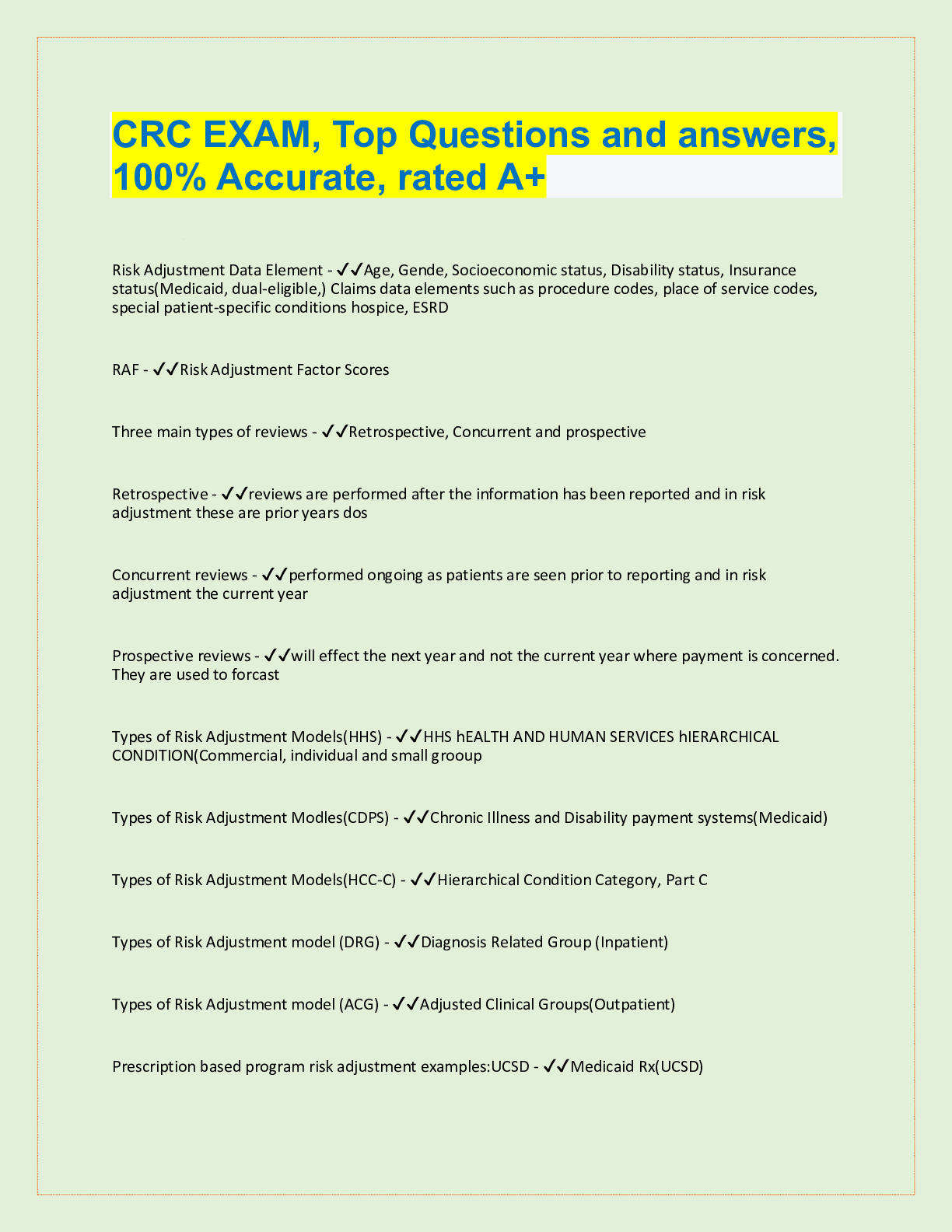 Preview image for CRC EXAM, Top Questions and answers,  100% Accurate, rated A+